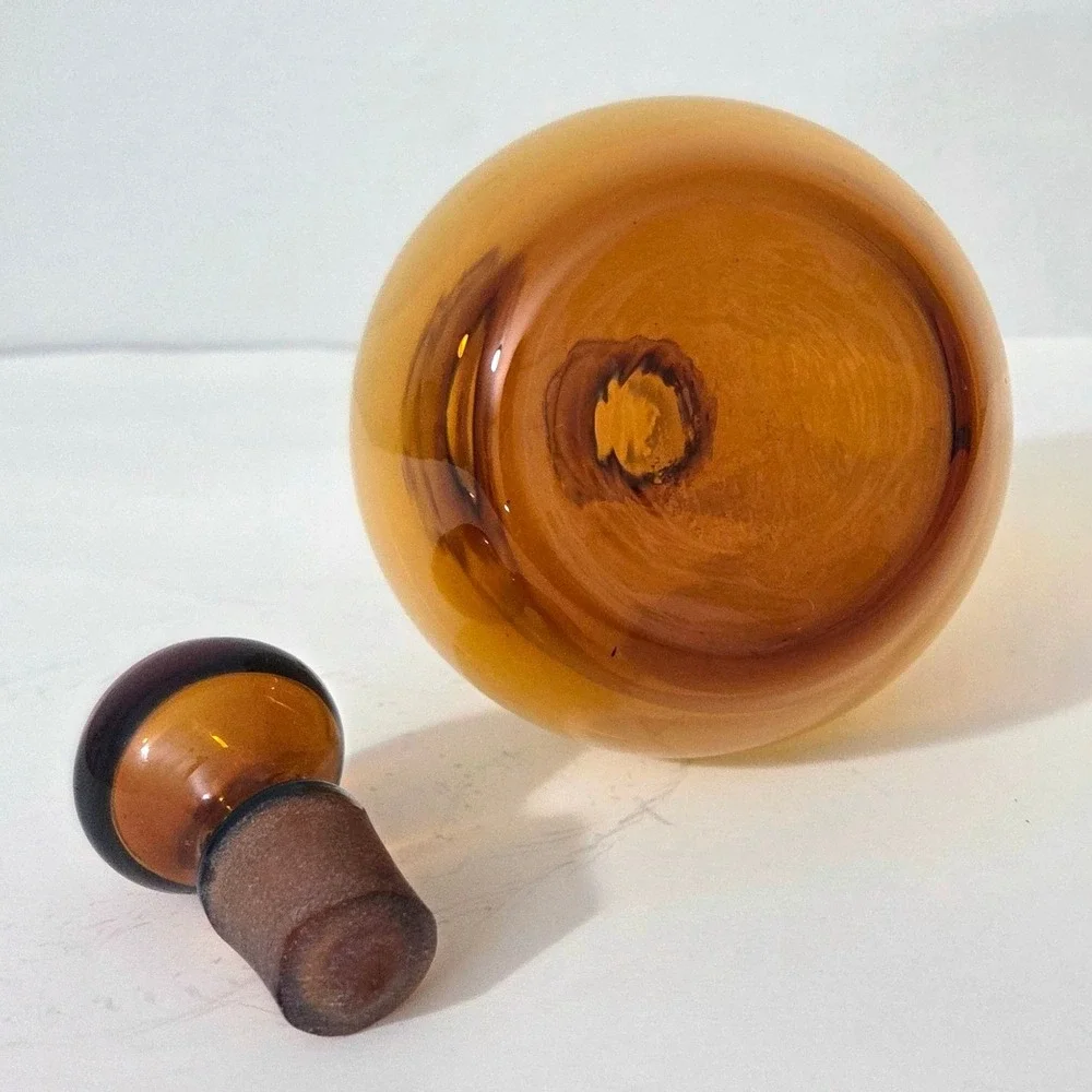 Vintage Amber Glass Decanter w/ Stopper Mid Century Modern Bottle Amber Retro